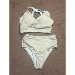Ruched High Waist Bikini Set Textured‎ Swimsuit Beachwear Beige Small